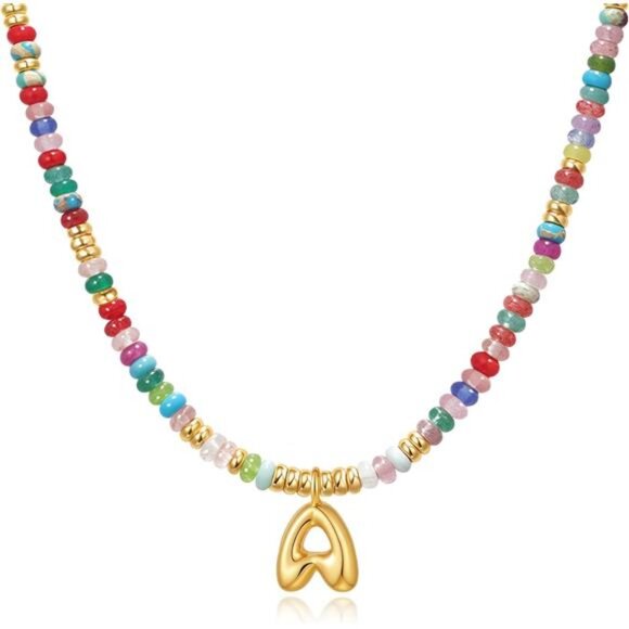 Initial Choker Necklace – 14K Gold Bubble Letter Pendant with Natural Stone - Picture 1 of 6